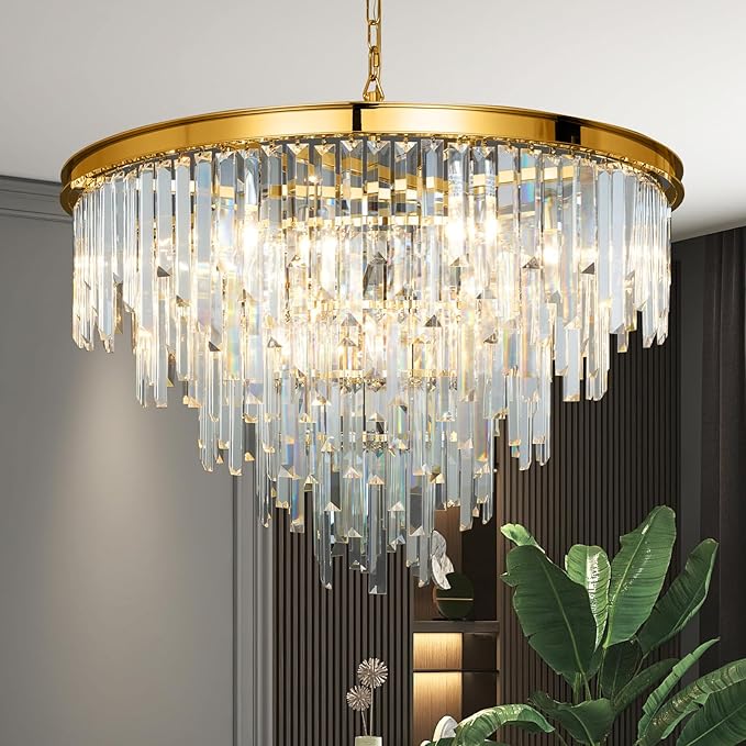 27'' Modern Crystal Chandelier, Gold Round Ceiling Light with Clear Prisms, Luxury Flush Mount Lighting Fixture for Dining Room Bedroom Foyer