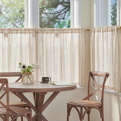 jinchan Linen Kitchen Curtains Striped Tier Curtains 36 Inch Farmhouse Small Drapes Balanced Stripe Half Window Light Filtering for Bathroom Laundry 2 Panels Tan on Linen