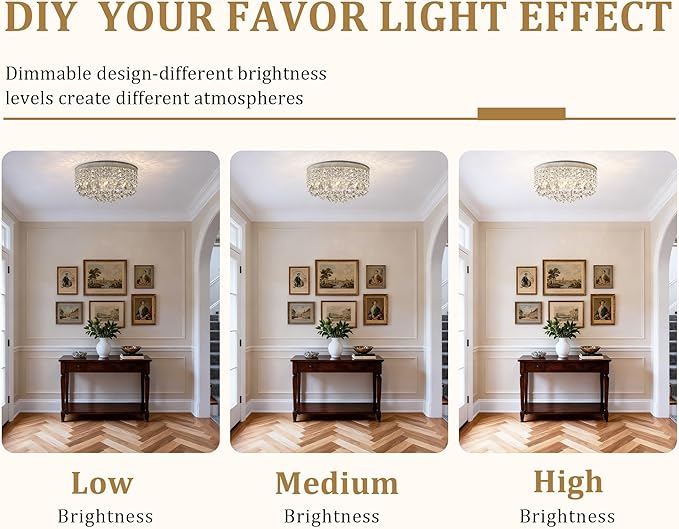 Maxax 4 Lights Crystal Chandelier, Modern Drum Ceiling Light Fixture Lamp, Raindrop Flush Mount Round Metal Shade, for Dining Room, Living Room, Bathroom, Bedroom, Chrome