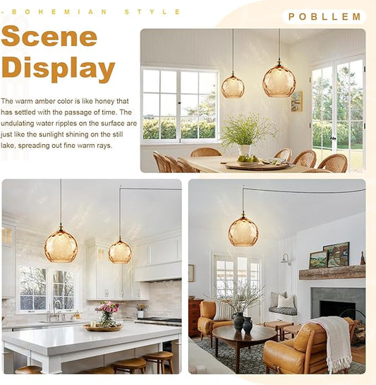 Amber Pendant Lamp Plug in, 13.8" Large Glass Globe Hanging Light Plug in Hanging Lamp with Cord, Vintage Hammered Glass Corded Pendant Light Fixture for Kitchen Dining Room Living Room
