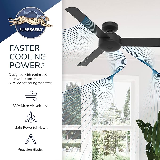 Hunter 52 inch Indoor Ceiling Fan No Light - Black Modern Ceiling Fan without Light, 3 Blades, Standard Mount, For Bedroom, Living Room, or Kitchen, Wall Control - Presto 50810, Matte Black
