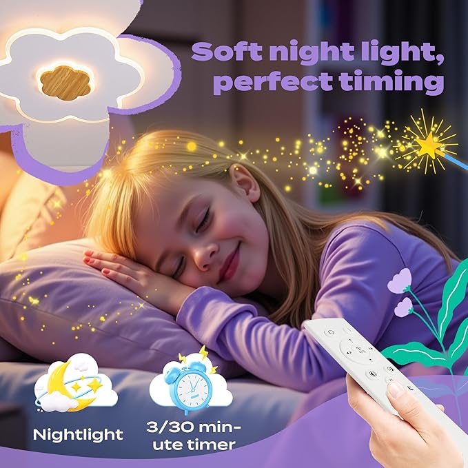 LED Ceiling Light Fixture 15.7in Dimmable Flower Shape Wooden Nursery Light with Remote for Kids Room, Bedroom, Living Room