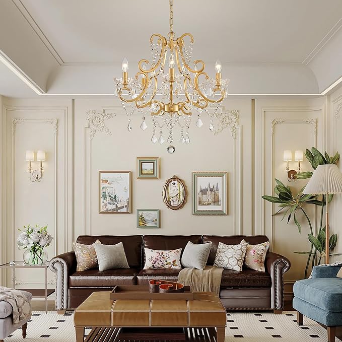 Crystal Chandelier, Golden Crystal Lighting,5-Light Modern Chandelier for Living Room Kitchen Island Entryway Bedroom