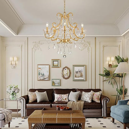 Crystal Chandelier, Golden Crystal Lighting,5-Light Modern Chandelier for Living Room Kitchen Island Entryway Bedroom