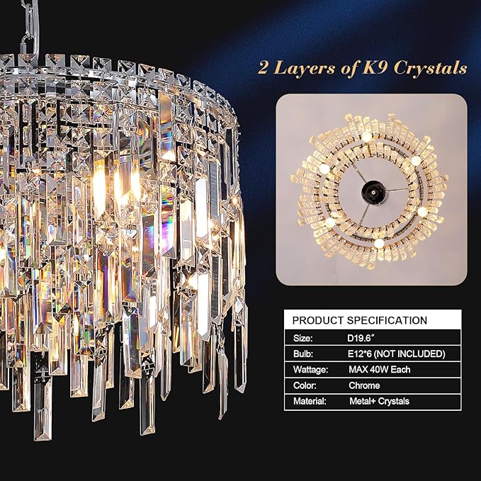 A AXILIXI Round Crystal Chandelier Modern 20" Drum Chandelier with Chain Chrome Adjustable K9 Raindrop Crystal Ceiling Pendant Fixtures 2 Tiers for Dining Room Bedroom Living Room