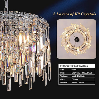 A AXILIXI Round Crystal Chandelier Modern 20" Drum Chandelier with Chain Chrome Adjustable K9 Raindrop Crystal Ceiling Pendant Fixtures 2 Tiers for Dining Room Bedroom Living Room