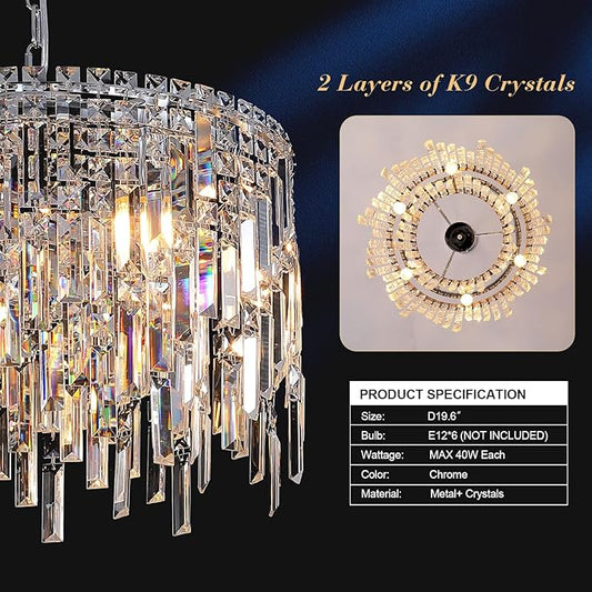 A AXILIXI Round Crystal Chandelier Modern 20" Drum Chandelier with Chain Chrome Adjustable K9 Raindrop Crystal Ceiling Pendant Fixtures 2 Tiers for Dining Room Bedroom Living Room