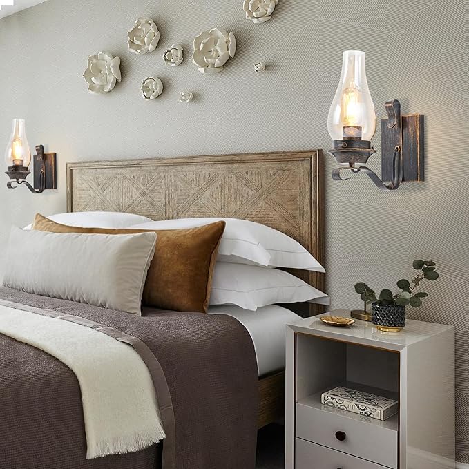 Yisuro Wall Sconces Sets of 2, Oil Rubbed Bronze Hardwired Wall Sconce Indoor, Retro Rustic Wall Lamps with Amber Glass,Vintage Bedside Sconces Wall Lighting for Living Room Bathroom