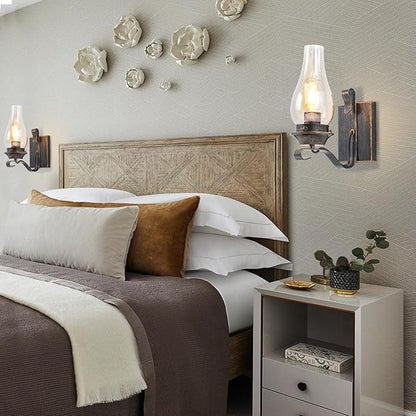 Yisuro Wall Sconces Sets of 2, Oil Rubbed Bronze Hardwired Wall Sconce Indoor, Retro Rustic Wall Lamps with Amber Glass,Vintage Bedside Sconces Wall Lighting for Living Room Bathroom