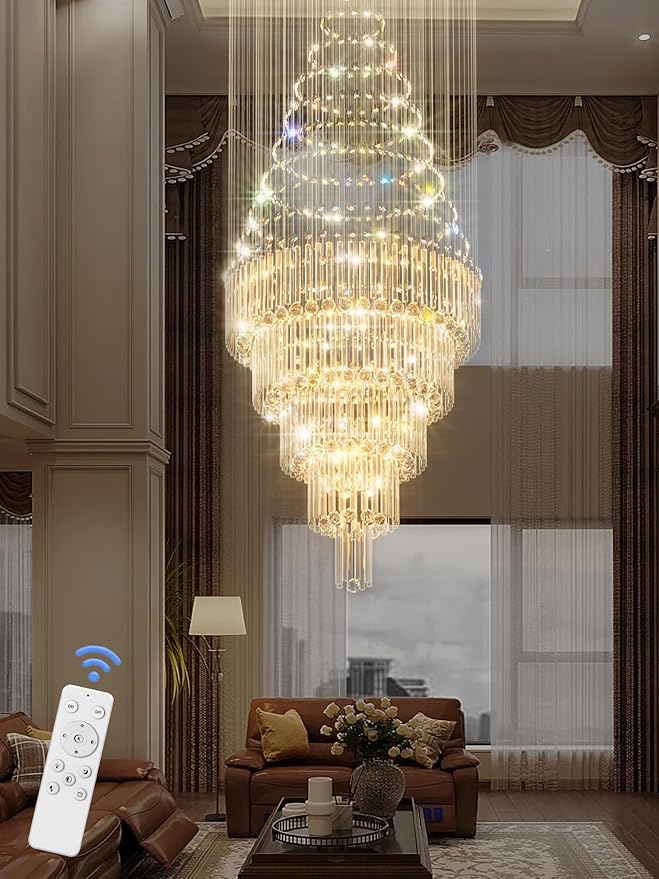 Flashing God D40''x H110'' Modern Crystal Chandelier LED Dimmable Large Raindrop Chandeliers High Ceiling Light for Foyer Stairwell Entryway Living Room Silver