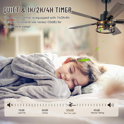 52" Farmhouse Ceiling Fans with Lights, Caged Ceiling Fan with Light and Remote,Reversible Motor,5 Double Finish Wood Blades,Black Rustic Industrial Ceiling Fan for Living Room/Dining Room