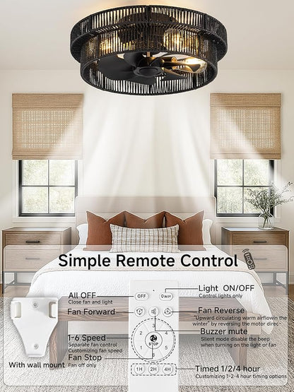 Handwoven Boho Ceiling Fans with Lights Flush Mount,Rattan Farmhouse Caged Fandelier Low Profile Enclosed Chandelier Fan with 6 Speeds for Bedroom,Nursery,Dining Room(Black)