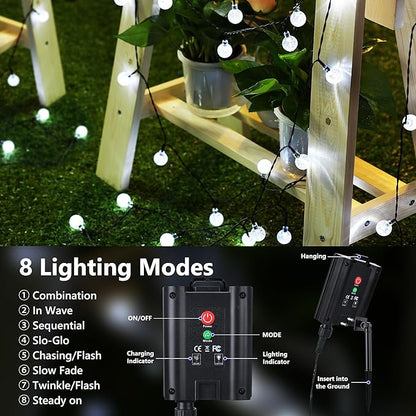 Joomer Solar String Lights Outdoor, 65FT 100LED Globe String Lights 8 Lighting Modes, Waterproof Solar Powered Patio Light for Garden Yard Porch Wedding Party Outdoor Decor (White)
