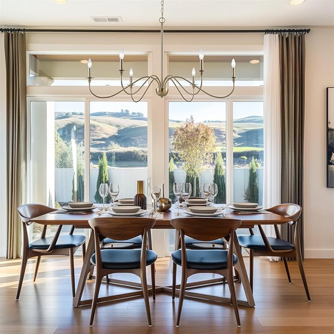 Kira Home Archer 47" 6-Light Large Farmhouse Gold Chandelier, Modern Gold Ceiling Fixture with Elegant Curved Swoop Arms, Cool Brass Finish