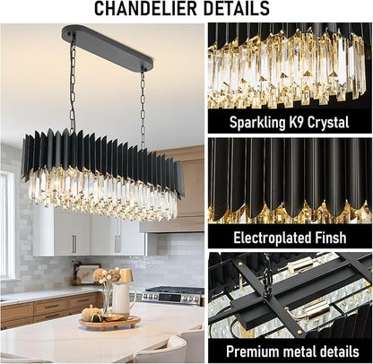Modern Black Rectangular Crystal Chandelier for Dining Room 3-Tiers 8 Lights Luxury Oval Ceiling Hanging Light Contemporary Pendant Light Fixture for Kitchen Island Living Room Bar L33 inch