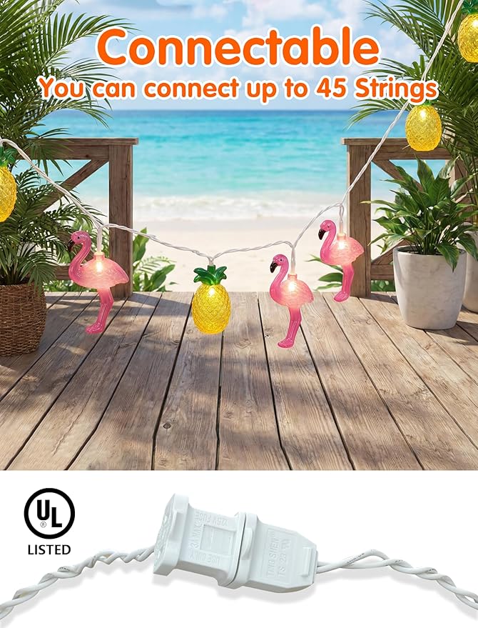 8.5FT Flamingo Pineapple Summer String Lights, Boho Tropical Tiki Summer Decorative String Lights with 10 LED Bulbs, Connectable Outdoor Indoor Decor for Hawaiian Luau, Pool Party, Patio, Beach