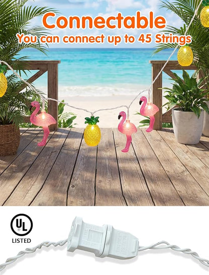 8.5FT Flamingo Pineapple Summer String Lights, Boho Tropical Tiki Summer Decorative String Lights with 10 LED Bulbs, Connectable Outdoor Indoor Decor for Hawaiian Luau, Pool Party, Patio, Beach