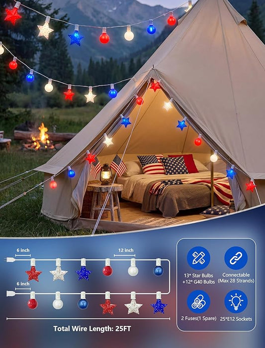 25FT Patriotic String Lights Outdoor, 25 LED Red White and Blue Star & G40 Globe String Lights, End-to-End Connectable for 4th of July Independence Day Decorations, Patriotic Anniversary, White Wire