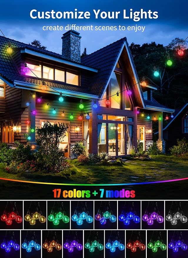 Brightown Outdoor String Lights 58 Feet G40 LED Patio Lights, 27 Plastic Edison Bulbs(2 Spare), Remote, Timer, Waterproof Connectable Hanging Light for Backyard Porch Balcony Party Decor, Multicolor