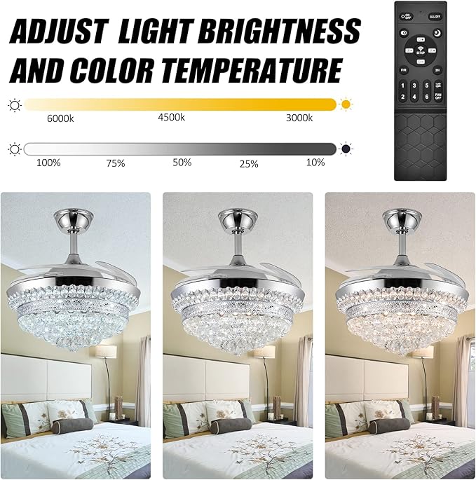42" Invisible Ceiling Fan Chandelier with Light,Modern Crystal Ceiling Fan Light Remote Control 4 Retractable ABS Blades for Bedroom Living Dining Room Decoration (Silver)