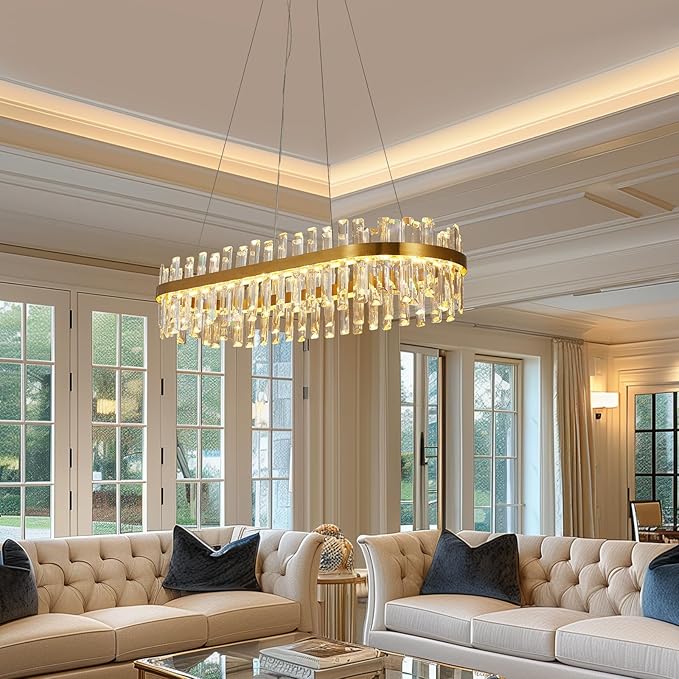 Modern Gold Crystal Led Chandelier: 39.3" Rectangular 3 Color K9 Living Room Dimmable Chandeliers - Luxury Rectangle Linear Crystals Contemporary Oval Light Fixture for Bedroom Entryway with Remote