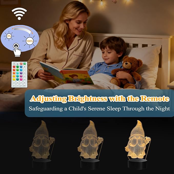 Gnome Night Light, Gnome Gifts, 3D Illusion Lamp with Remote Control, 16 RGB Colors, 4 Flashing Modes, Timer, Dimmable, Gnome Stuff for Decor for Holiday Birthday Christmas