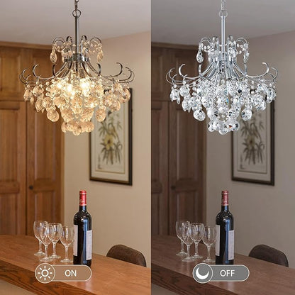18" Modern Crystal Chandelier, 4-Light Pendant Ceiling Lamp for Dining Living Room Bedroom Kitchen, Chrome Hanging Light Fixture