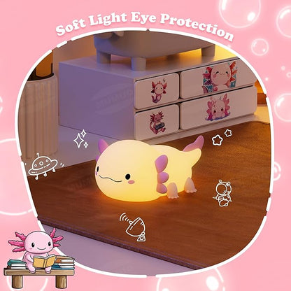 Axolotl Night Light, LED Cute Pink Silicone Nursery Lamp for Kids, Squishy Touch Nightlight Bedside Lamp with 20 Minutes Timer for Breastfeeding, Funny Decor, Cute Gifts