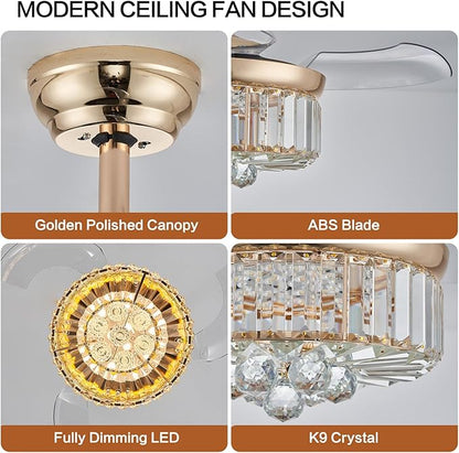 DuMaiWay 30" Golden Chandelier Ceiling Fan with Light Crystal Modern Fandelier Reversible Ceiling Fan Dimmable Retractable Timer for Dining Living Room Bedroom