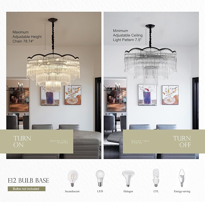 27.75" Black Clear Glass Crystal Chandelier 14-Light Modern Crystal Pendant Ceiling Light Fixture 4-Tier Luxury Glass Chandeliers,for Dining Room Kitchen Island Living Room Bedroom