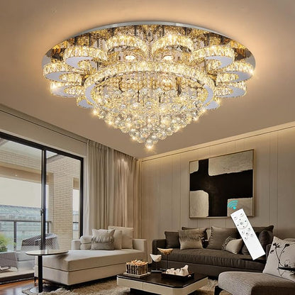 HAIXIANG Modern Chandelier Living Room Light Glam Chandeliers Ceiling Light Fixture Remote Dimmable Lights 40 Inches Luxury Crystal Silver Dining Room Lights