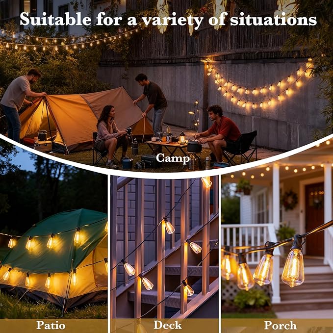 50 FT Outdoor Patio Lights String, 17+2 Shatterproof LED Bulbs Waterproof Hanging Lights Plug in, Fence Balcony Camping Backyard Garden Porch Bistro Cafe Decor with 2700K Warm White