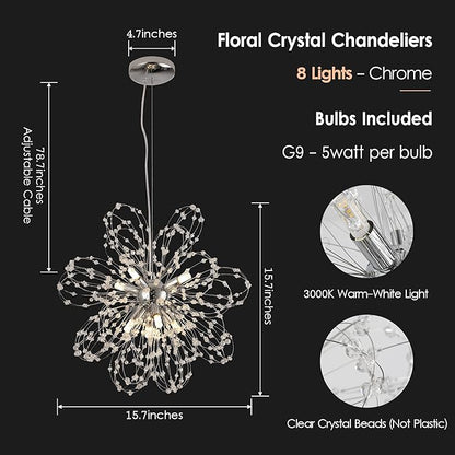 Firework Crystal Chandeliers, Modern Chrome Small Dandelion Chandelier, 8-Light Sputnik Pendant Hanging Light Fixture for Bedroom, Kitchen Island, Dining Room