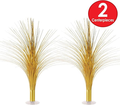 Beistle Metallic Spray Centerpieces - 2-Pack Elegant Gold Table Decorations with Clear Base, Shimmering Foil Sprays for New Year’s Eve, Hollywood Awards Night, Graduation and Celebration Events, 19”