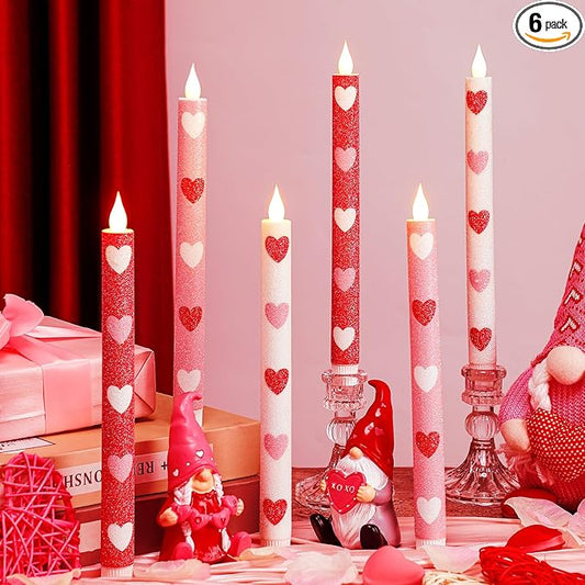 Honoson 6 Pcs Heart Glitter Flameless Taper Candles 10.6 Inch Valentines Day Candles Battery Operated LED Candlesticks for Valenties Wedding Bridal Birthday Baby Shower Party Dinner Table Home Decor
