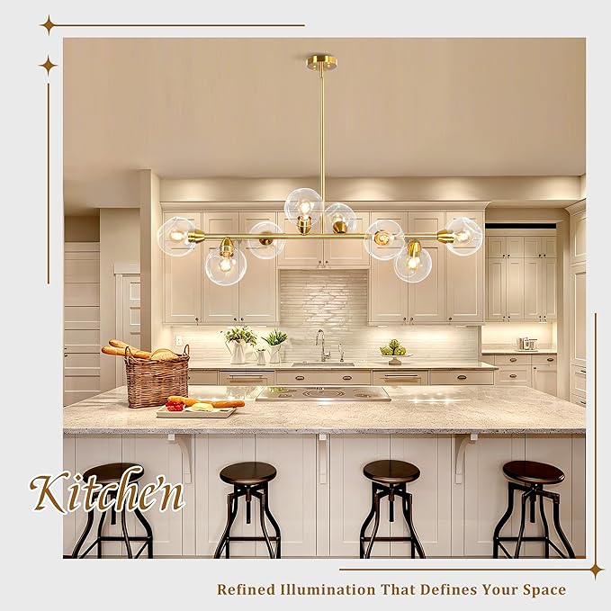 50" Gold Modern Sputnik Chandeliers, Open Clear Glass Globe Linear Chandeliers for Dining Room, 8-Light Luxury Dining Room Light Linear Kitchen Island Lights Large Long Chandelier, Electroplated Brass