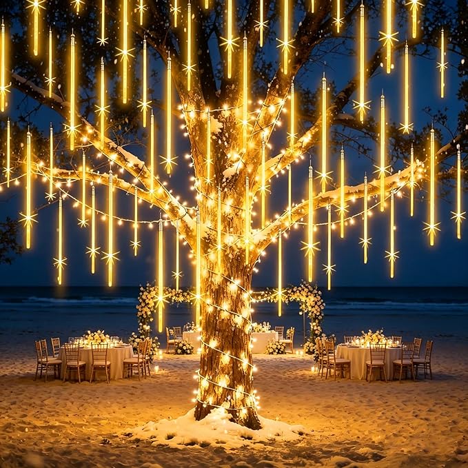 EAGWELL Outdoor Christmas Lights 16 Inch 20 Tubes Meteor Shower, Warm White Falling Rain Drop Icicle String Lights, Cascading Snow Effect Waterproof Xmas Decor for Tree Wedding Party Garden Holiday
