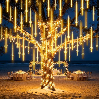 EAGWELL Outdoor Christmas Lights 16 Inch 20 Tubes Meteor Shower, Warm White Falling Rain Drop Icicle String Lights, Cascading Snow Effect Waterproof Xmas Decor for Tree Wedding Party Garden Holiday