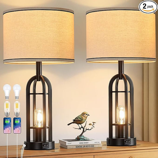 SRJJA Black Table Lamps for Living Room Set of 2 - Farmhouse Industrial Lamps for Night Stands with Night Light & USB A+C, 24" Rustic Bedside Lamp for Bedroom, Bulbs Included