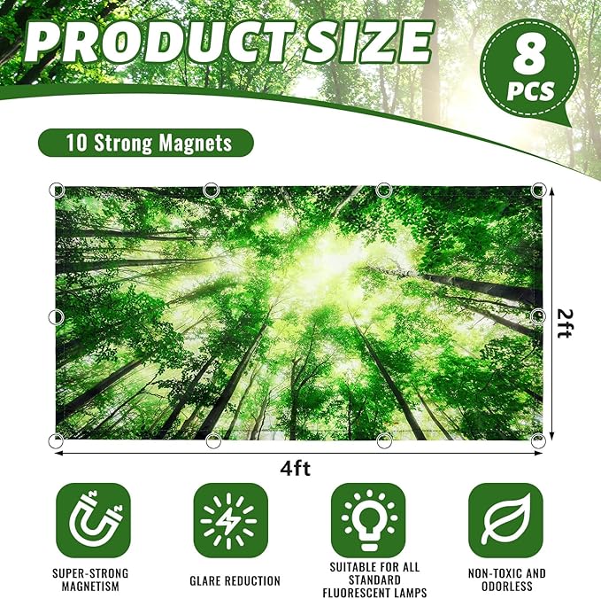 Patelai 8 Pack Fluorescent Light Covers for Classroom Ceiling 4 x 2 Feet Magnetic Light Covers Filter for Office School Drop Ceiling Supplies(Forest Style)