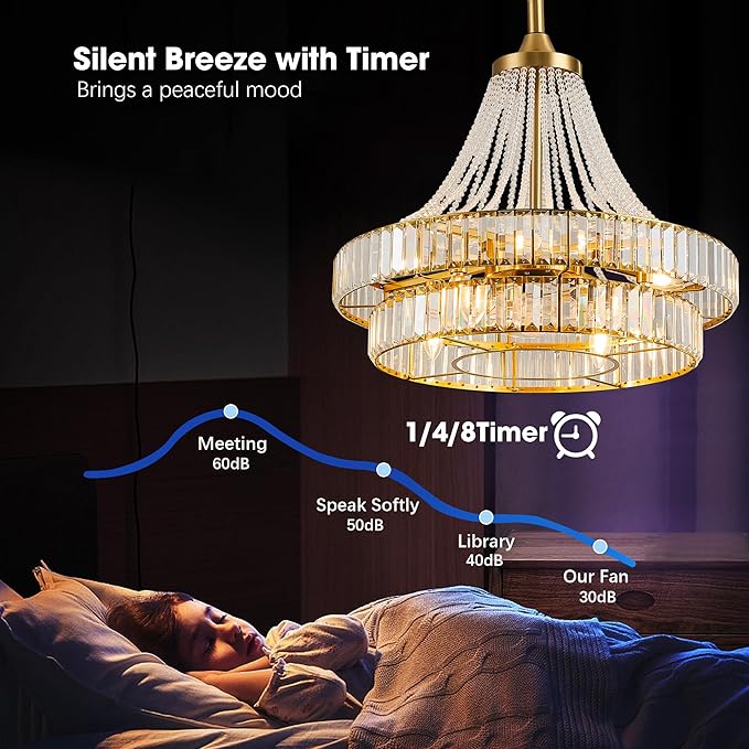 24“ Modern Crystal Chandelier Ceiling Fan with Lights, Remote & App Control, 6-Speed Reversible Large Fandelier, Double Layer Design for Bedroom, Living Room (Luxury Gold)