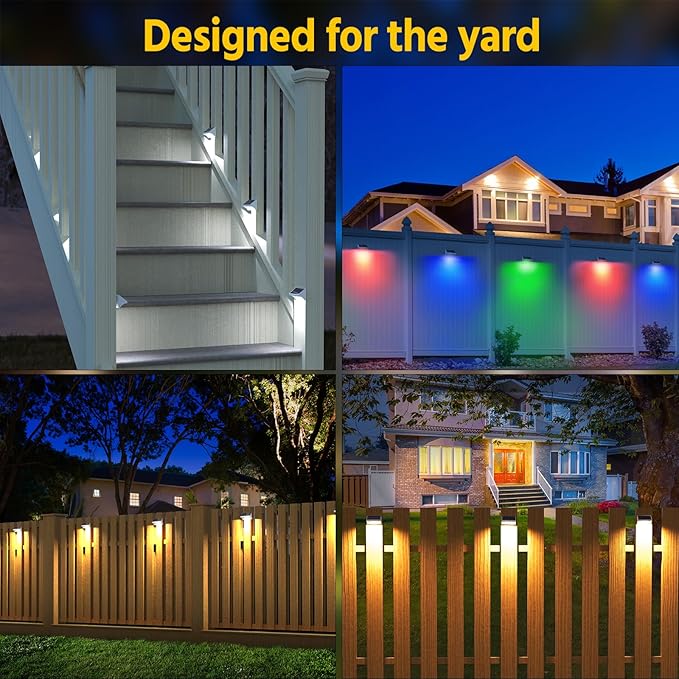 NIORSUN Outdoor Fence Lights, 6 Pack Waterproof LED Solar Fence Lights with 1500mAh Battery, Warm White/Cool White/RGB, Easy-to-Install Wall Light for Deck, Patio, Railing, Stairs, Backyard – White