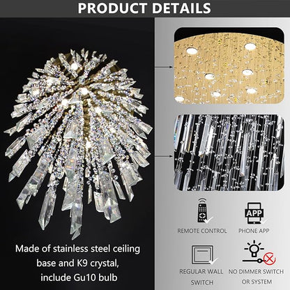 98'' Modern Crystal Chandelier High Ceiling Chandeliers for Entryway Large Raindrop Chandeliers LED Dimmable Flush Mount Light Fixtures for Staircaes Foyer Hallway Living Room LED Bulbs Included Gold
