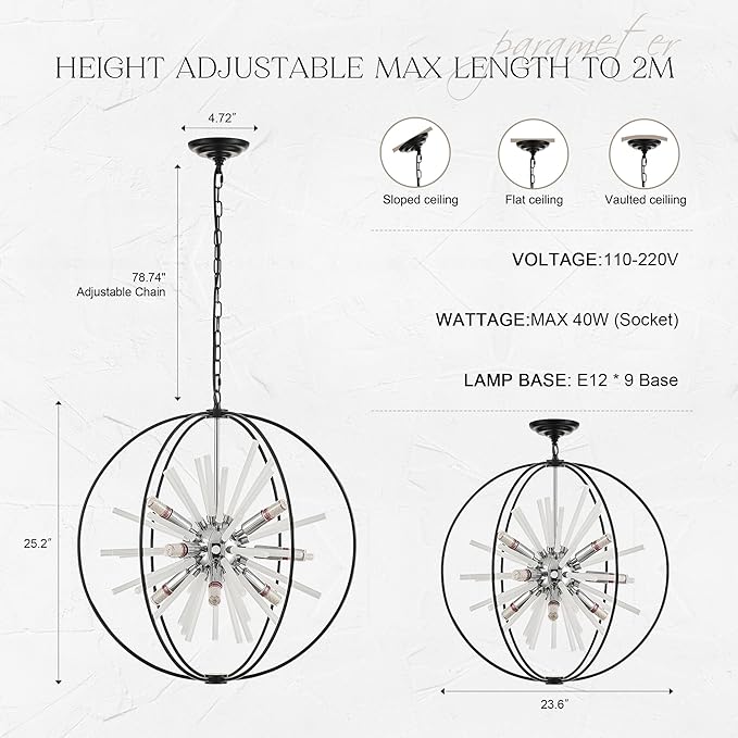 23.6" Black Chrome 9-Light Globe Sputnik Chandelier Modern Adjustable Hanging Ceiling Glass Tube Pendant Light Fixture for Entryway Foyer Staircase Dining Living Room Hallway