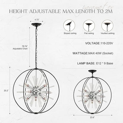 23.6" Black Chrome 9-Light Globe Sputnik Chandelier Modern Adjustable Hanging Ceiling Glass Tube Pendant Light Fixture for Entryway Foyer Staircase Dining Living Room Hallway