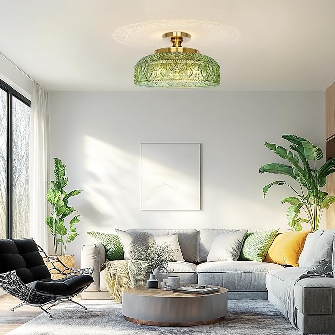 Lamomo Semi Flush Mount Ceiling Light, Upgraded Larger 12 Inch Green Hallway Light Fixture, 3 Light Globe Glass Close to Ceiling Scone, Indoor Hanging Light for Bedroom Kitchen Porch Hallway