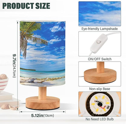 Table Lamp Tropical Beach White Sand Coconut Palm Tree Clear Blue Sky Ocean Nightstand Lamp with Wood Base Fabric Lamp Shade Bedside Desk Lamp for Living Room Bedroom Kids Room Office