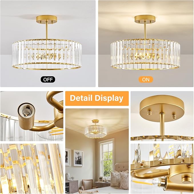 YURNYQ Glod Crystal Ceiling Light Fixture, Modern Semi Flush Chandelier, Round Hanging Lighting Chandeliers for Dining Room, Kitchen, Bedroom, 3-Light, 15.74 Inch