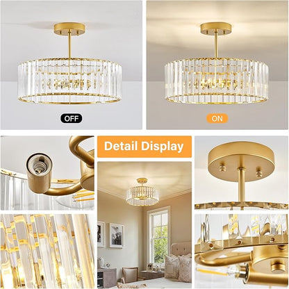 YURNYQ Glod Crystal Ceiling Light Fixture, Modern Semi Flush Chandelier, Round Hanging Lighting Chandeliers for Dining Room, Kitchen, Bedroom, 3-Light, 15.74 Inch