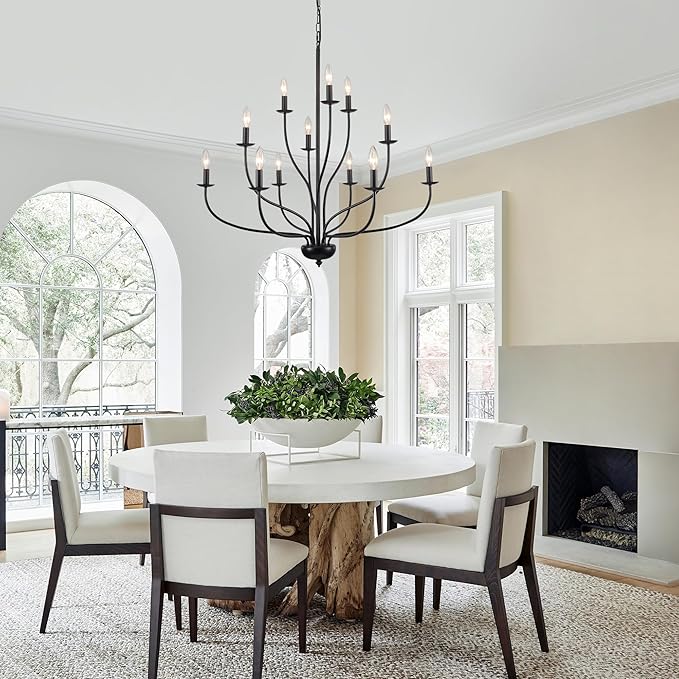 Black Chandelier 12 Light, Large Modern Farmhouse Chandeliers for Dining Room, Industrial Candle Pendant Lighting Fixture for Foyer Hallway Entryway High Ceiling, Bedroom, Living Room, Kitchen E12